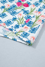 Rose Floral Print Ruffle V-Neck Short Sleeve Loose Tunic Shirt