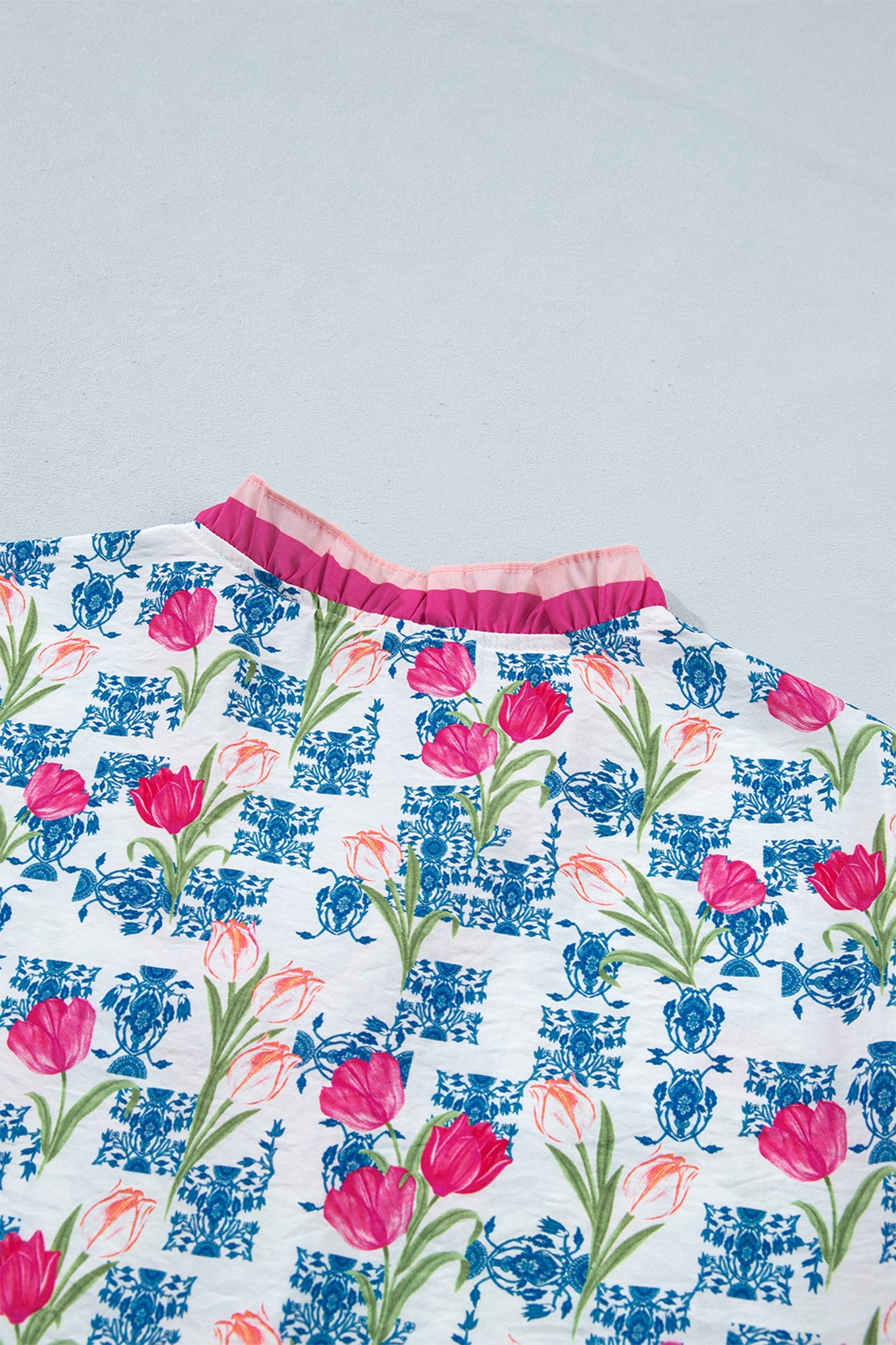 Rose Floral Print Ruffle V-Neck Short Sleeve Loose Tunic Shirt