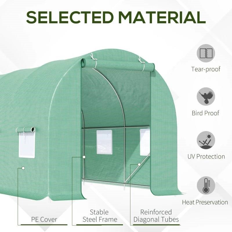 14.5 ft x 6.3 ft Outdoor Greenhouse with Green PE Cover and Sturdy Steel Frame - Rustic Threads Farm