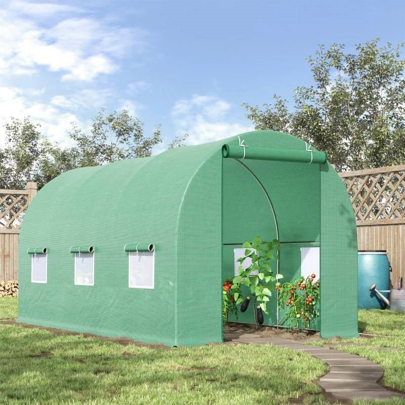 14.5 ft x 6.3 ft Outdoor Greenhouse with Green PE Cover and Sturdy Steel Frame - Rustic Threads Farm