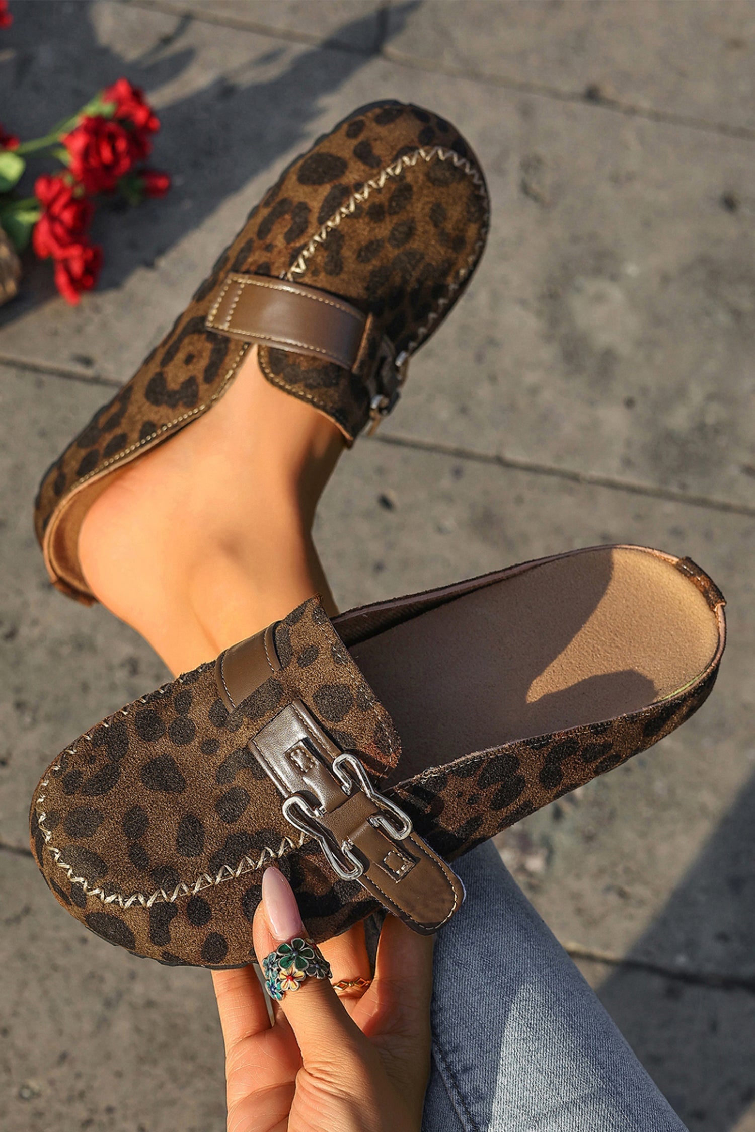 Lea Leather Strap Mule Slippers