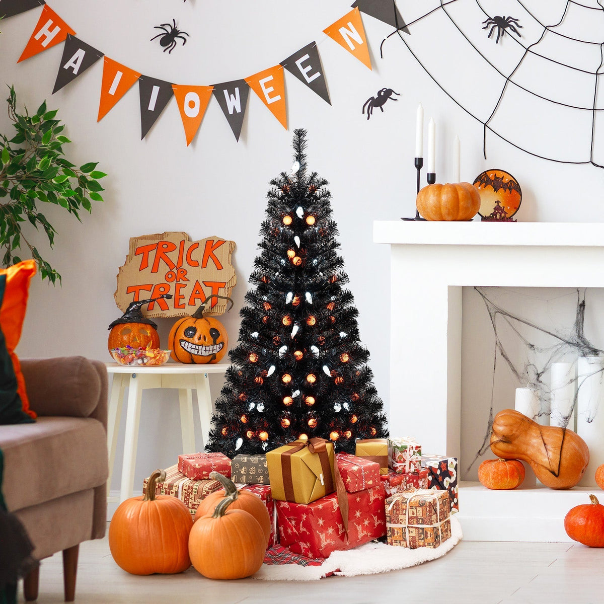 4.5 Feet Artificial Halloween Tree with 6 Lighting Modes and 5 Musics - Rustic Threads Farm