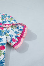Rose Floral Print Ruffle V-Neck Short Sleeve Loose Tunic Shirt