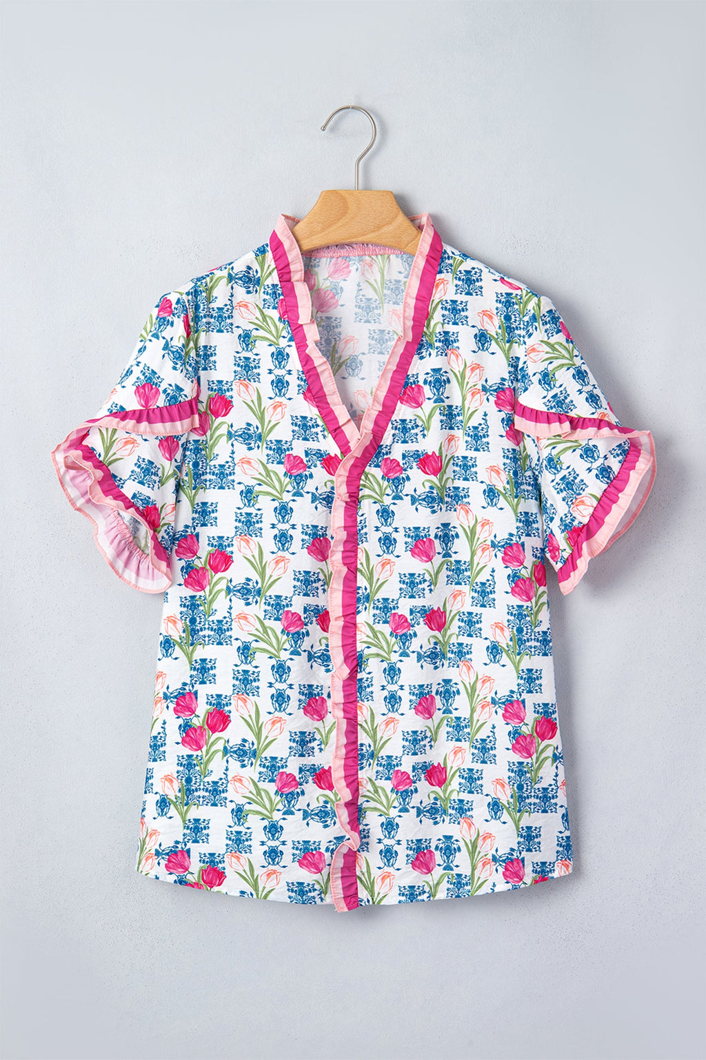 Rose Floral Print Ruffle V-Neck Short Sleeve Loose Tunic Shirt
