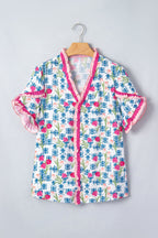 Rose Floral Print Ruffle V-Neck Short Sleeve Loose Tunic Shirt