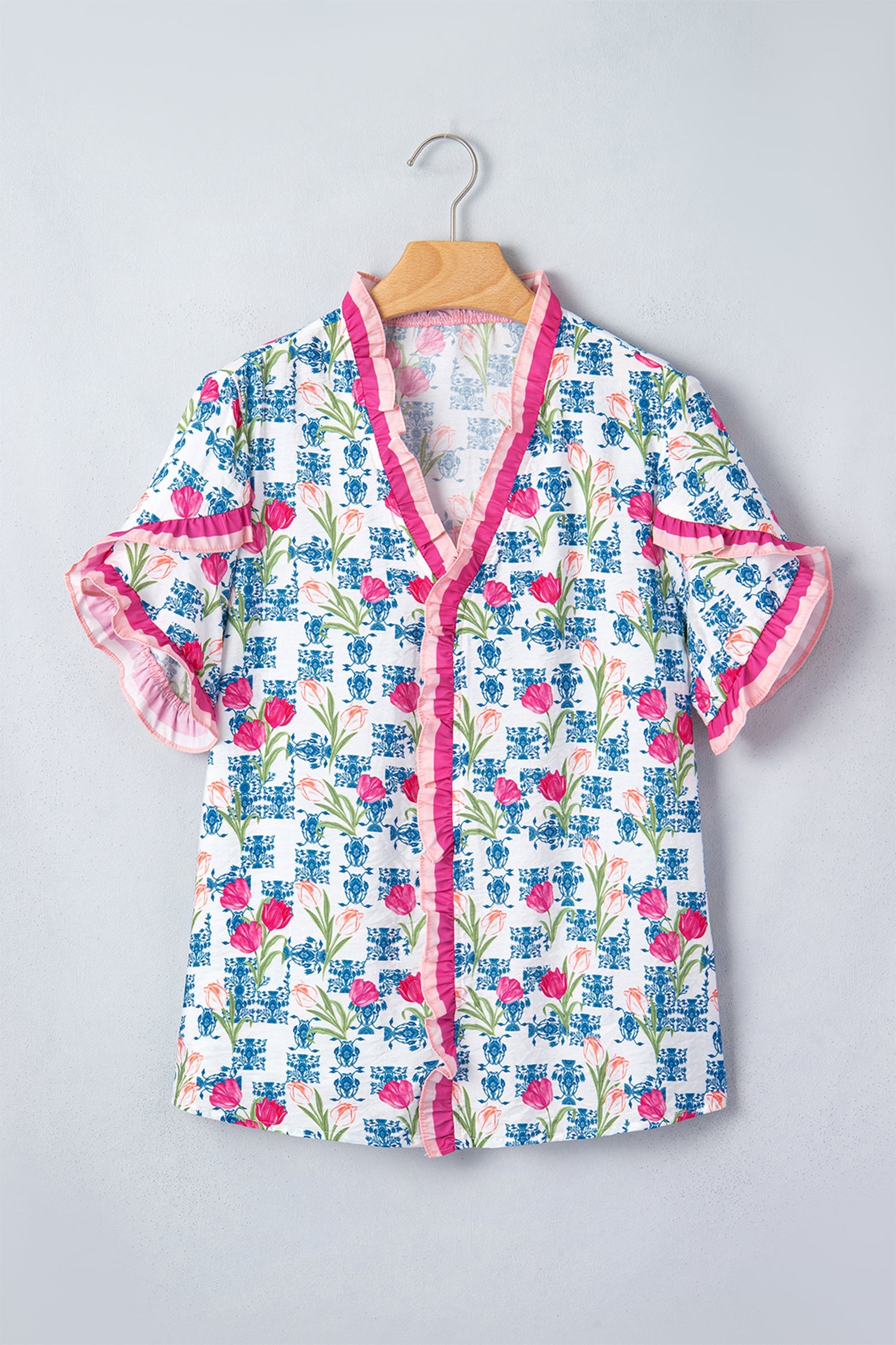 Rose Floral Print Ruffle V-Neck Short Sleeve Loose Tunic Shirt