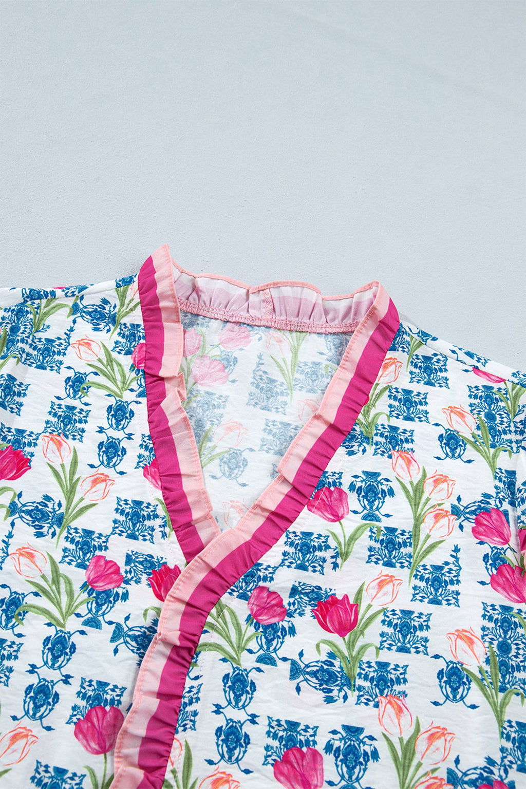 Rose Floral Print Ruffle V-Neck Short Sleeve Loose Tunic Shirt