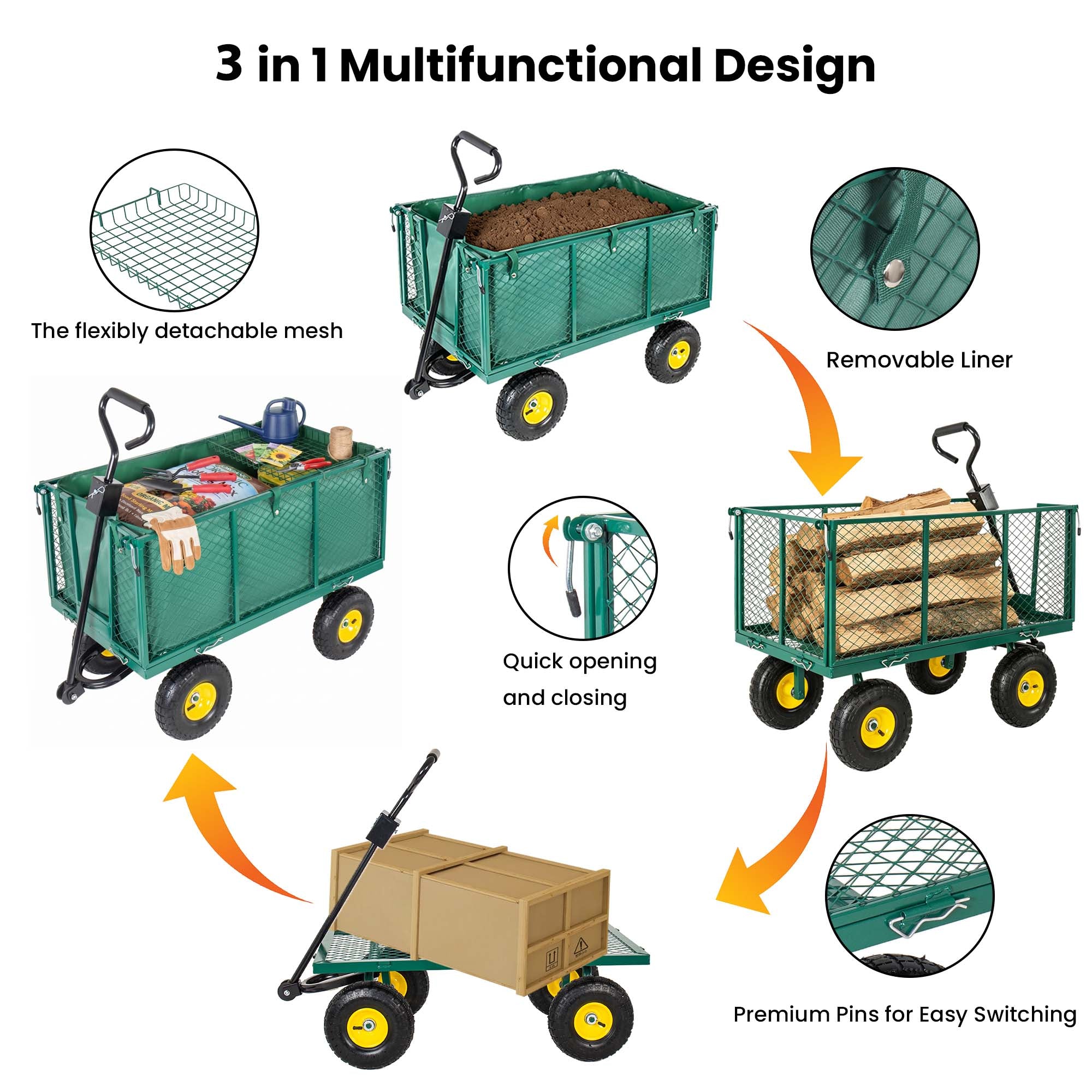 3-in-1 Oversized Steel Garden Cart