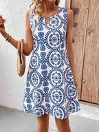 Floral Print U-Neck Sleeveless Midi Dress – Ring Detail Summer Style
