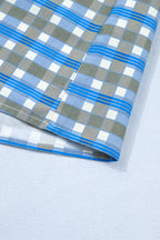 Sky Blue Plaid Long Sleeve Frilled Detail Half Button Blouse