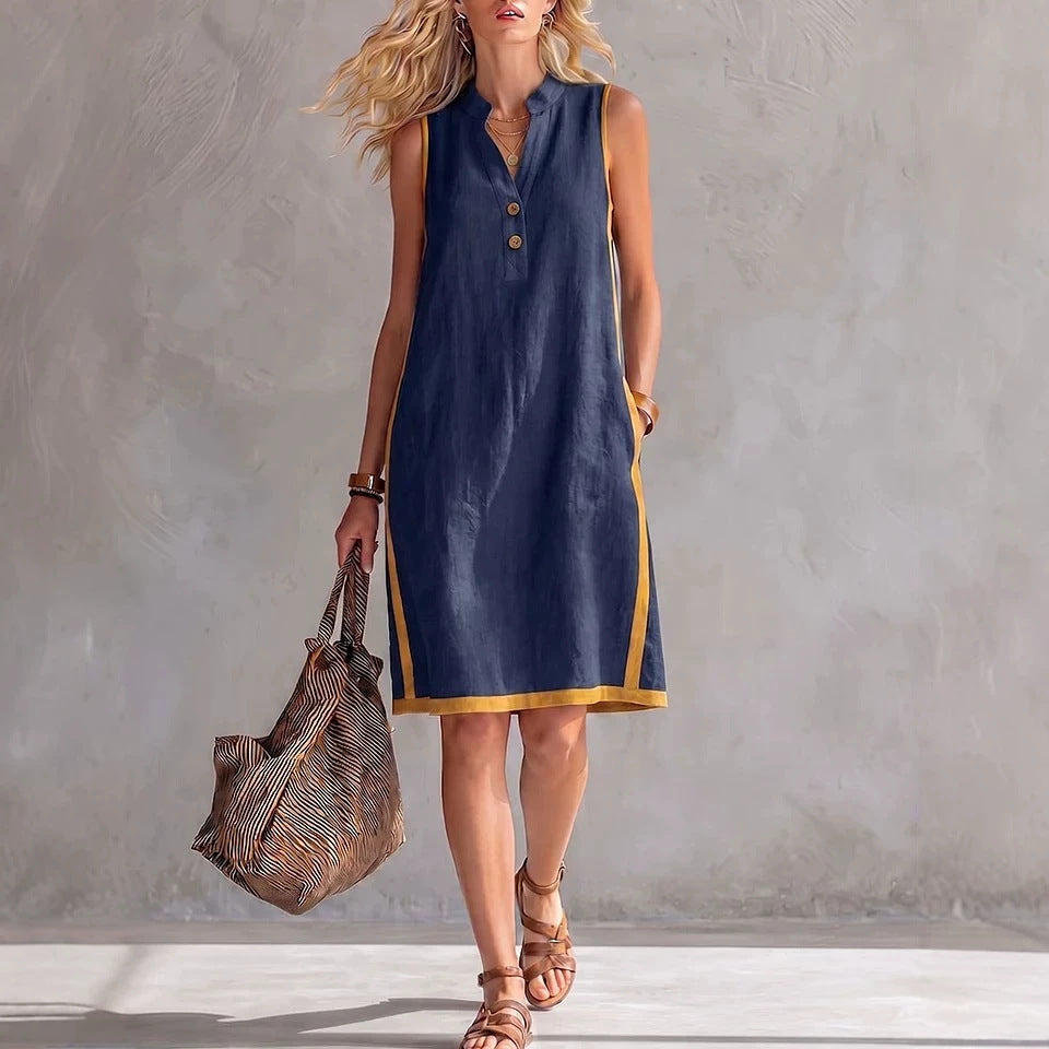 Women's Sleeveless V-Neck Button-Front Pocketed A-Line Midi Dress