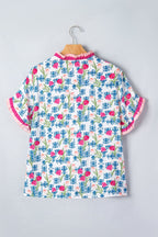 Rose Floral Print Ruffle V-Neck Short Sleeve Loose Tunic Shirt
