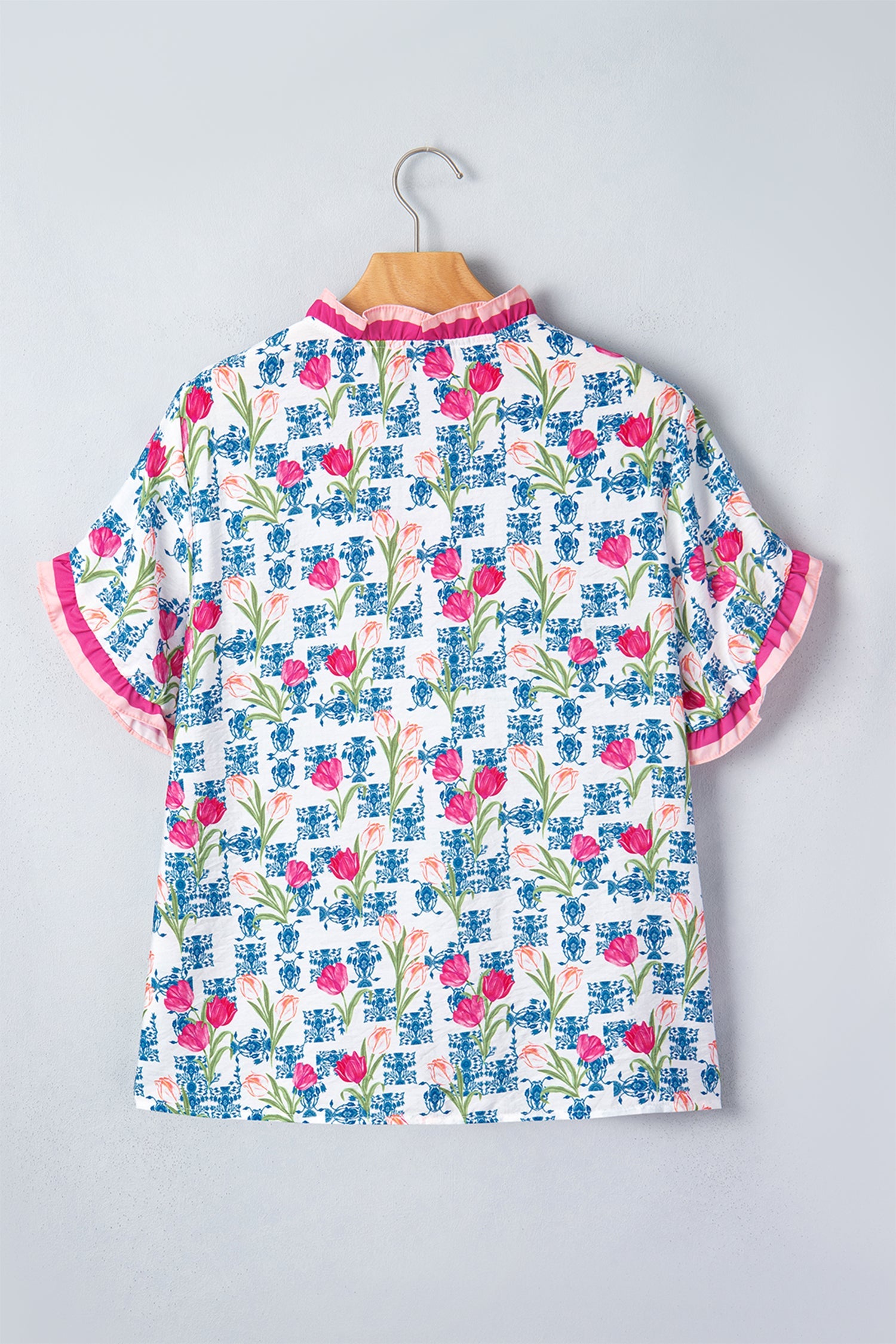 Rose Floral Print Ruffle V-Neck Short Sleeve Loose Tunic Shirt