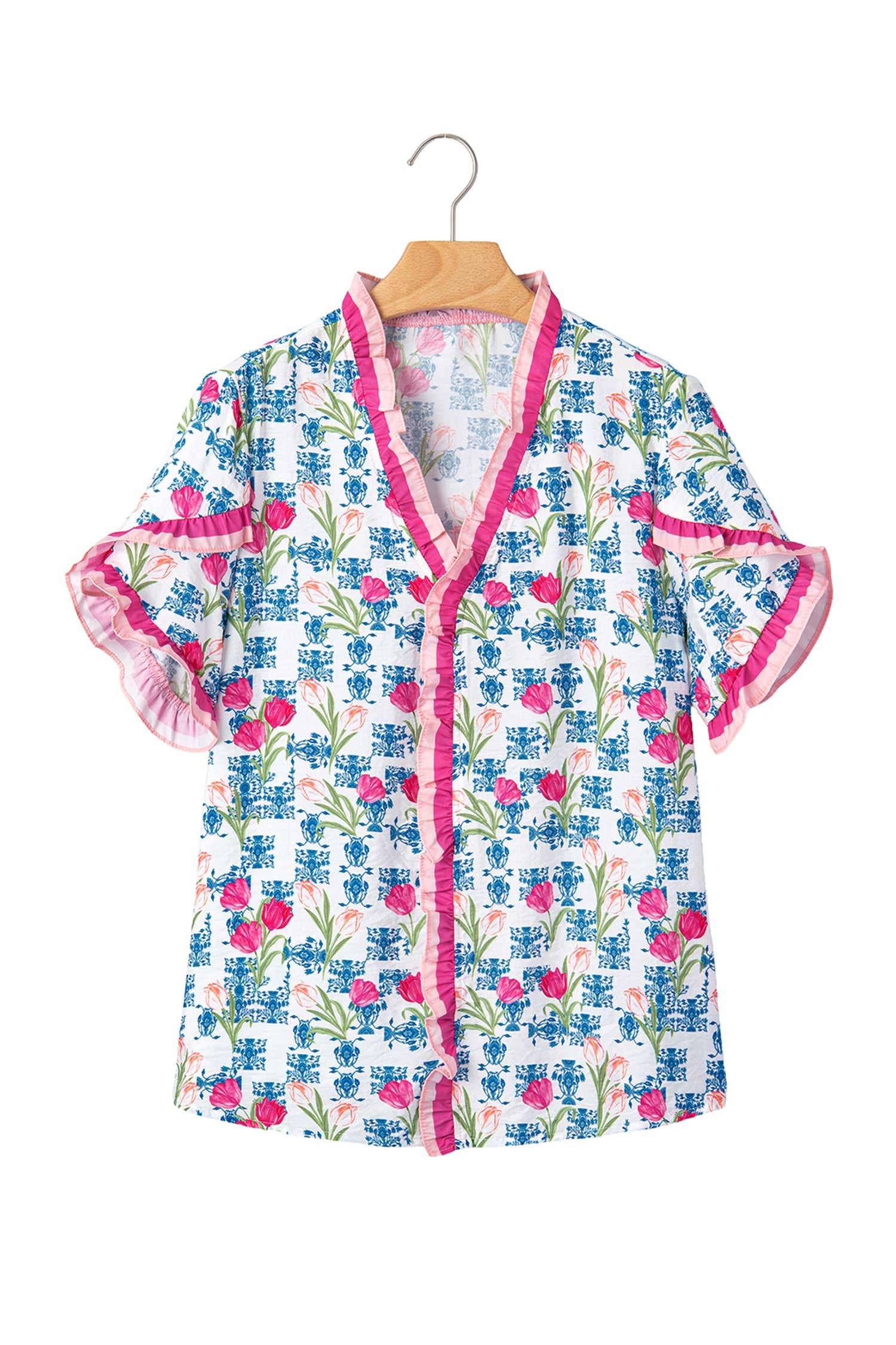 Rose Floral Print Ruffle V-Neck Short Sleeve Loose Tunic Shirt