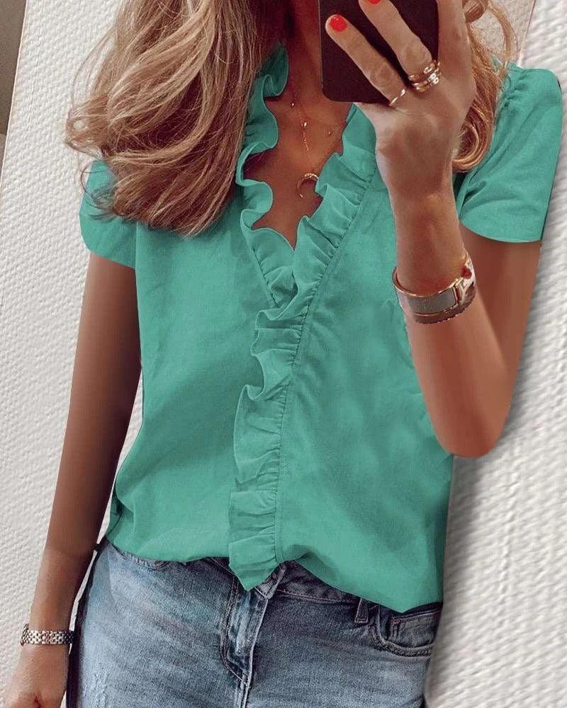 Cowgirl Chic Ruffle Top – Stylish Short Sleeved Shirt for Casual Cowgirl Style - Rustic Threads Farm