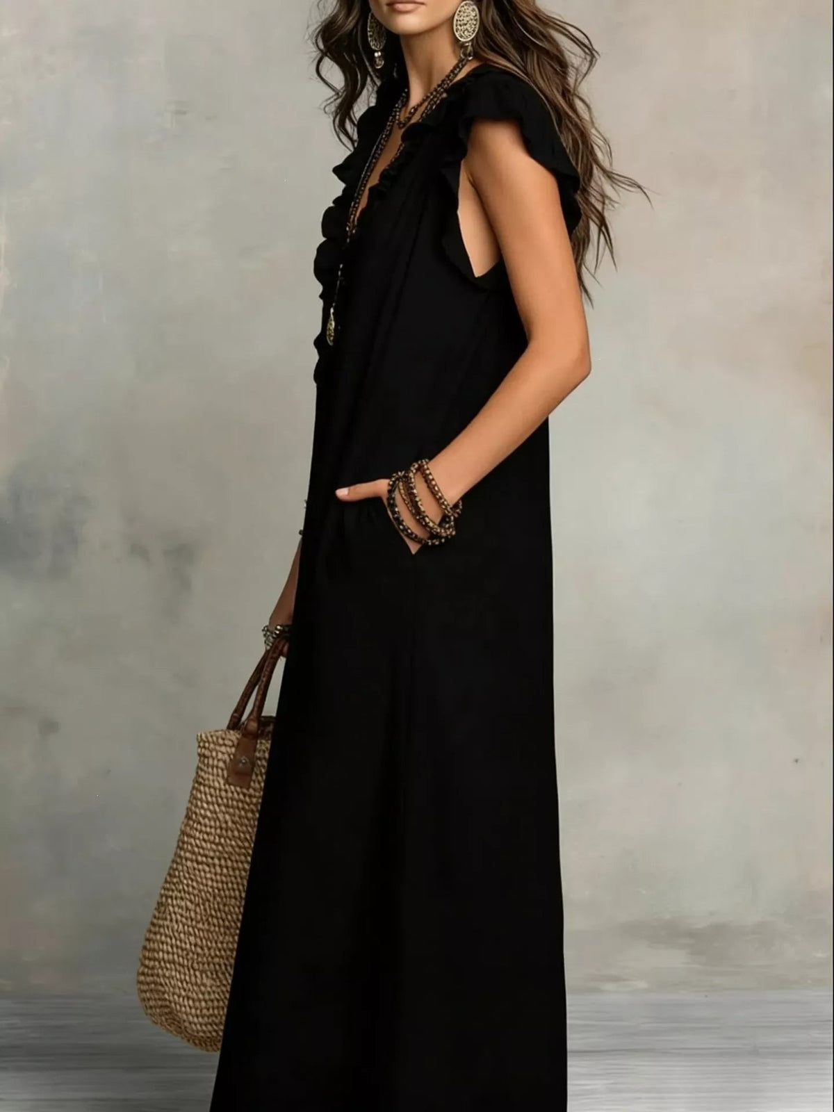 Full Size Ruffled V-Neck Cap Sleeve Maxi Dress Plus Size - Rustic Threads Farm