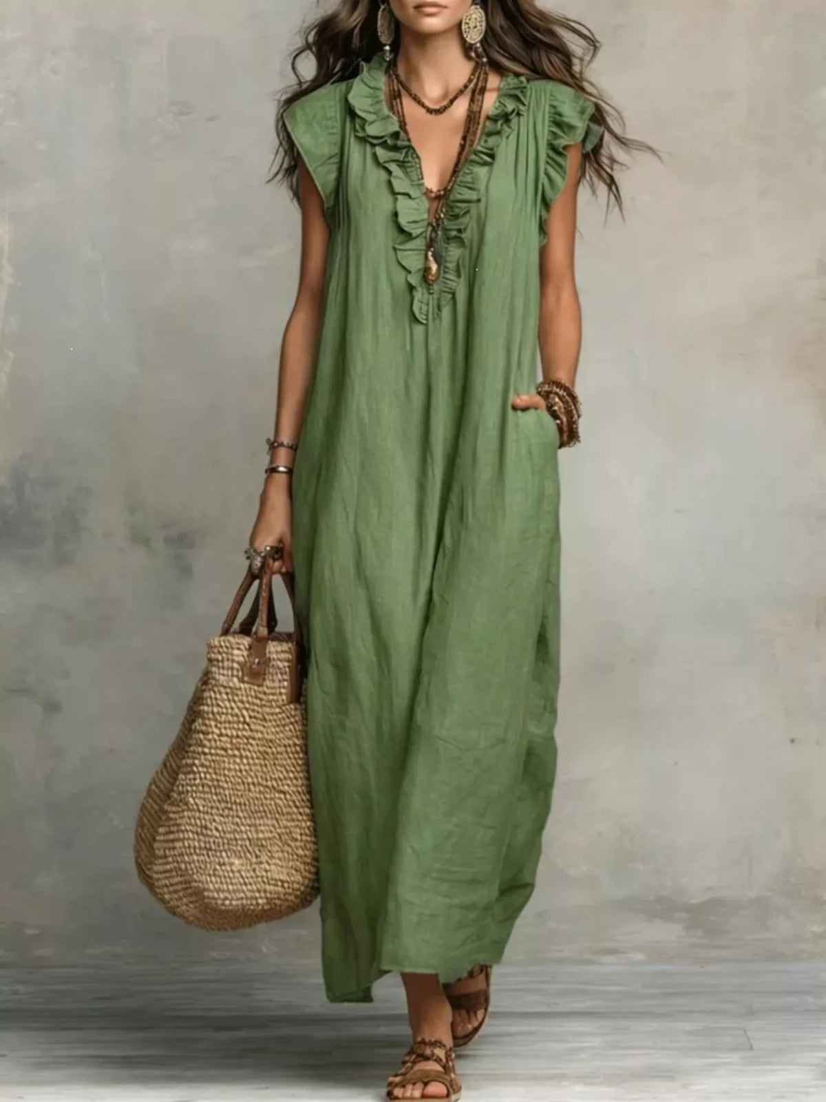 Full Size Ruffled V-Neck Cap Sleeve Maxi Dress Plus Size - Rustic Threads Farm