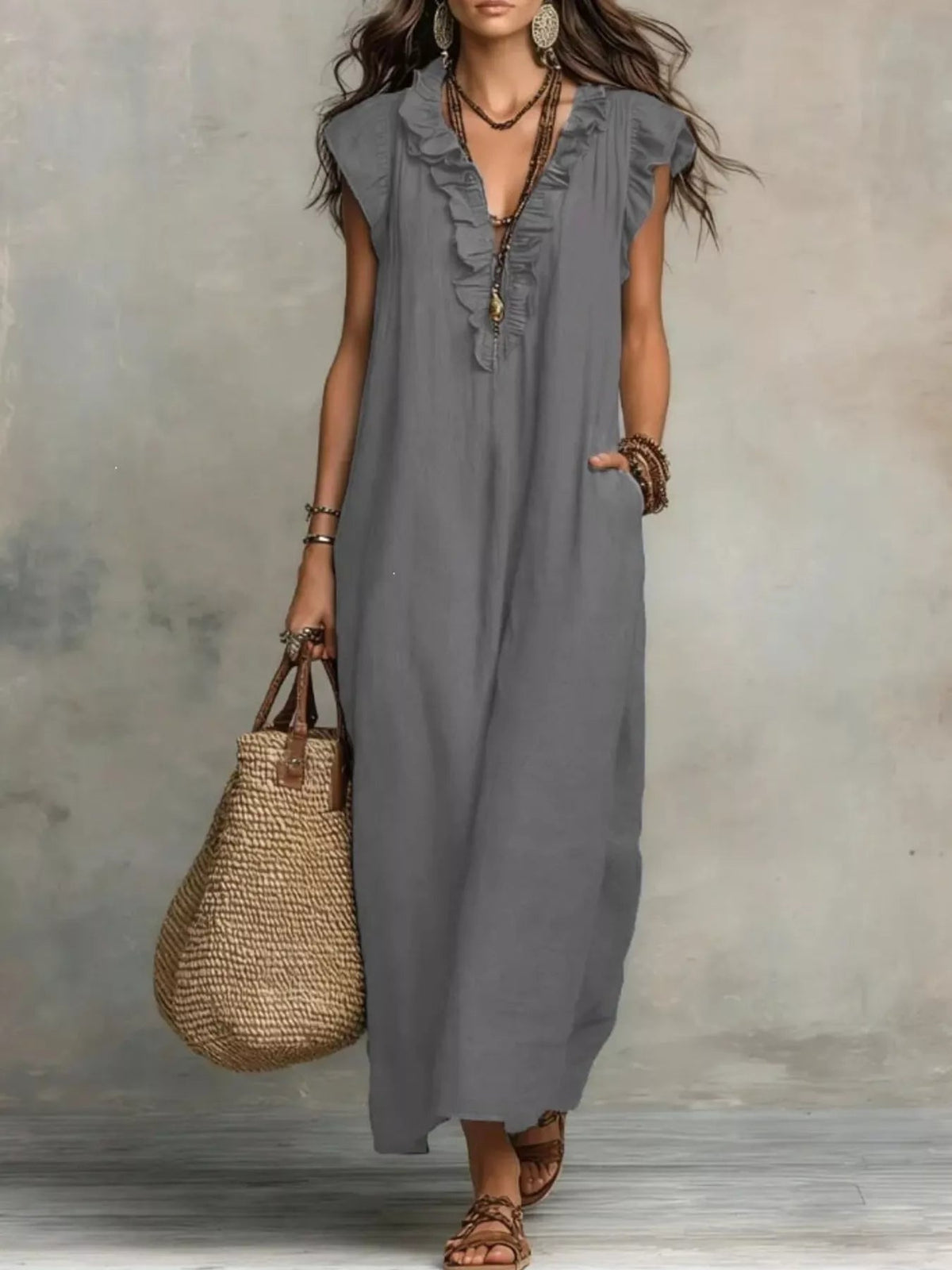 Full Size Ruffled V-Neck Cap Sleeve Maxi Dress Plus Size - Rustic Threads Farm