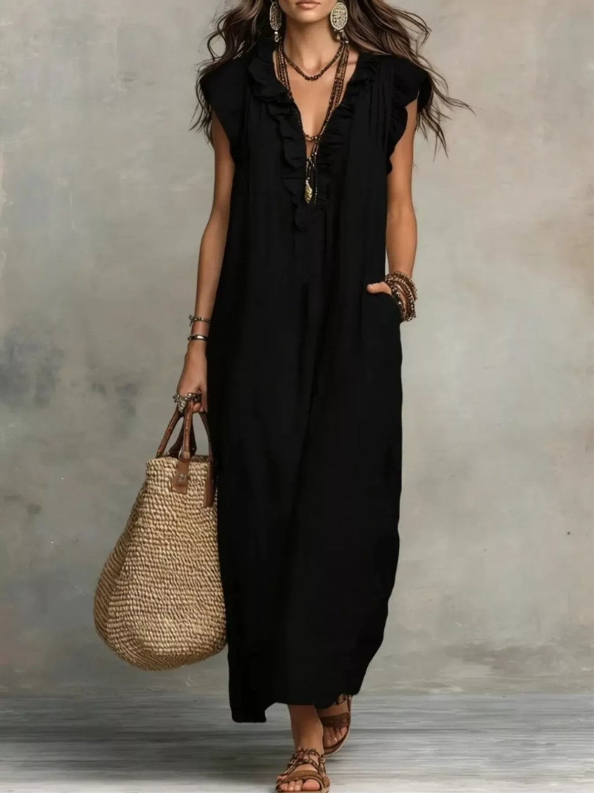 Full Size Ruffled V-Neck Cap Sleeve Maxi Dress Plus Size - Rustic Threads Farm