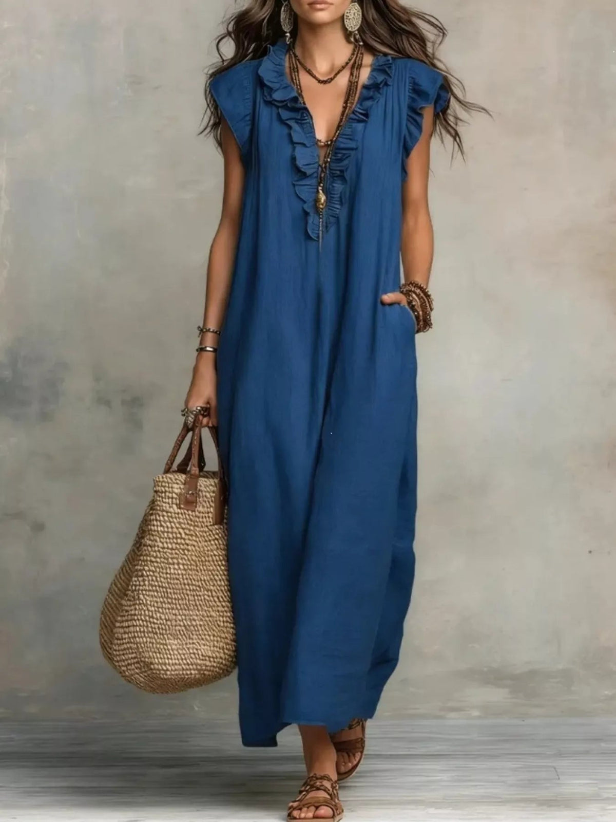 Full Size Ruffled V-Neck Cap Sleeve Maxi Dress Plus Size - Rustic Threads Farm