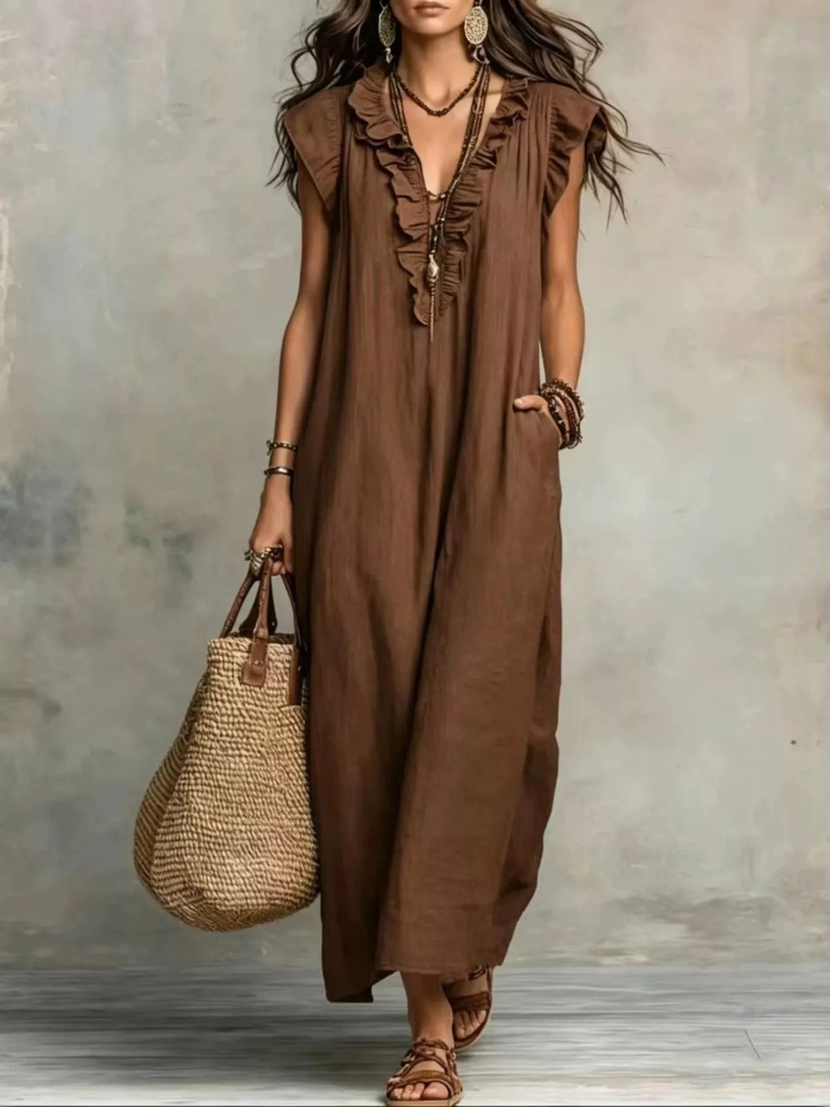 Full Size Ruffled V-Neck Cap Sleeve Maxi Dress Plus Size - Rustic Threads Farm