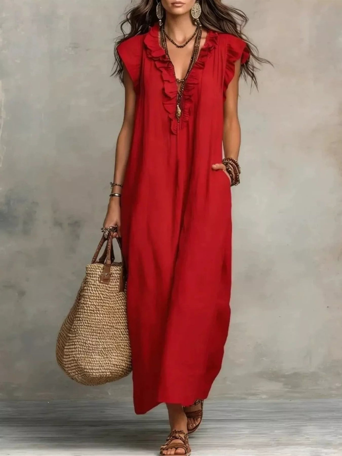 Full Size Ruffled V-Neck Cap Sleeve Maxi Dress Plus Size - Rustic Threads Farm