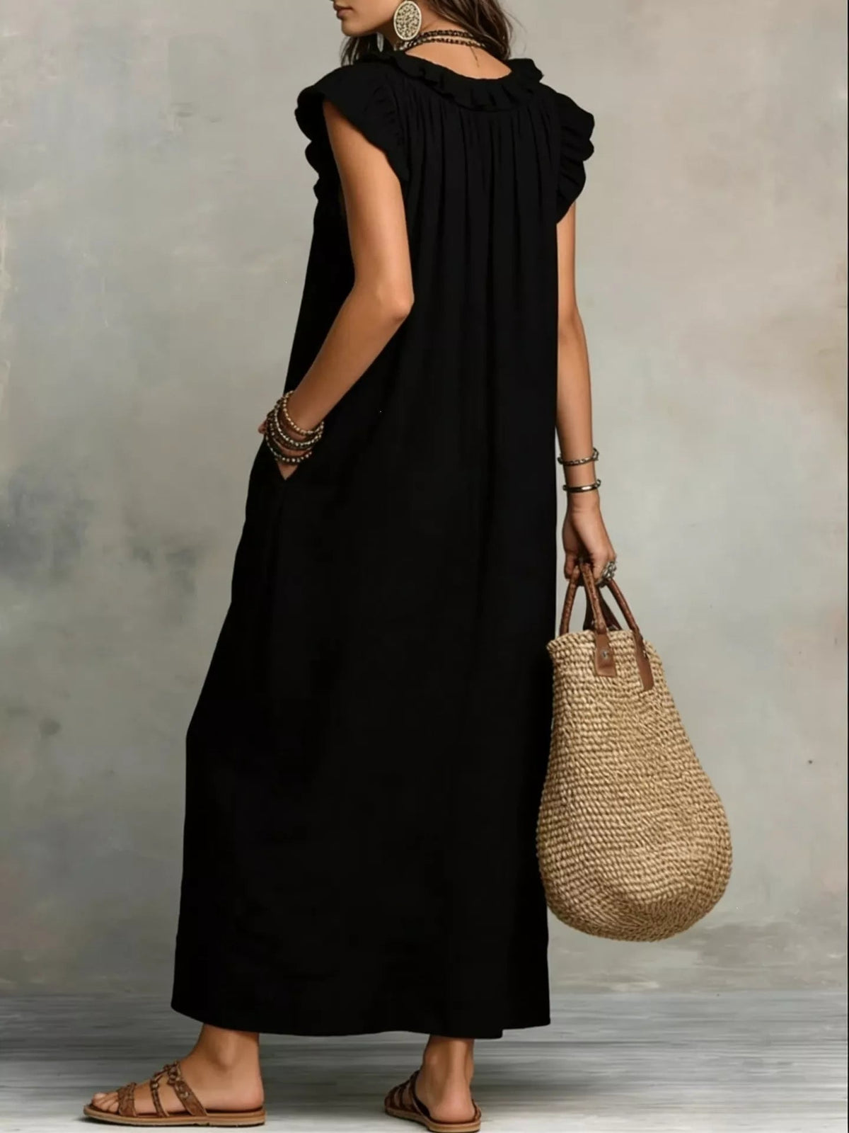 Full Size Ruffled V-Neck Cap Sleeve Maxi Dress Plus Size - Rustic Threads Farm
