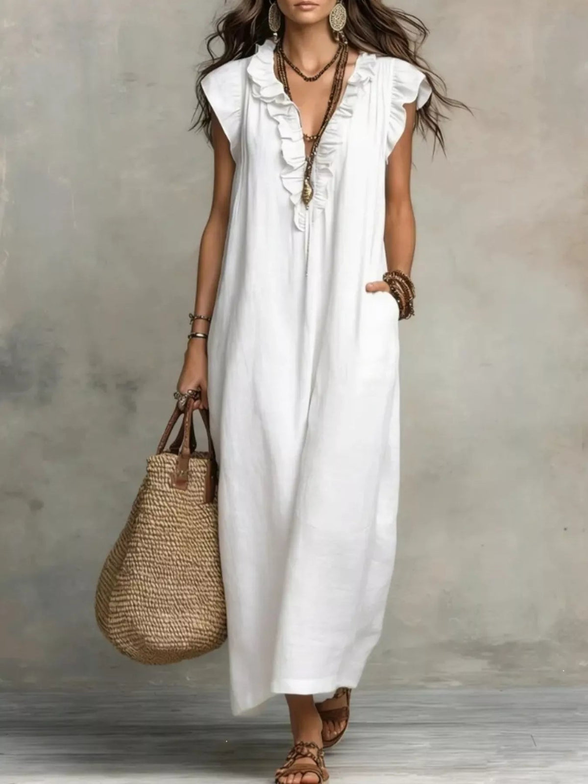 Full Size Ruffled V-Neck Cap Sleeve Maxi Dress Plus Size - Rustic Threads Farm