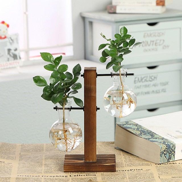 Glass Planter Bulb Vase Transparent Terrarium Hydroponic Vases For Home Garden Office Wedding Decor Wooden Stand Air Planter Bulb Glass Vase Propogation Station for Hydroponics Home Garden Office Decoration - Rustic Threads Farm