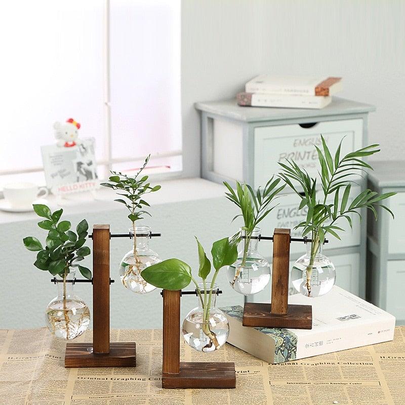 Glass Planter Bulb Vase Transparent Terrarium Hydroponic Vases For Home Garden Office Wedding Decor Wooden Stand Air Planter Bulb Glass Vase Propogation Station for Hydroponics Home Garden Office Decoration - Rustic Threads Farm