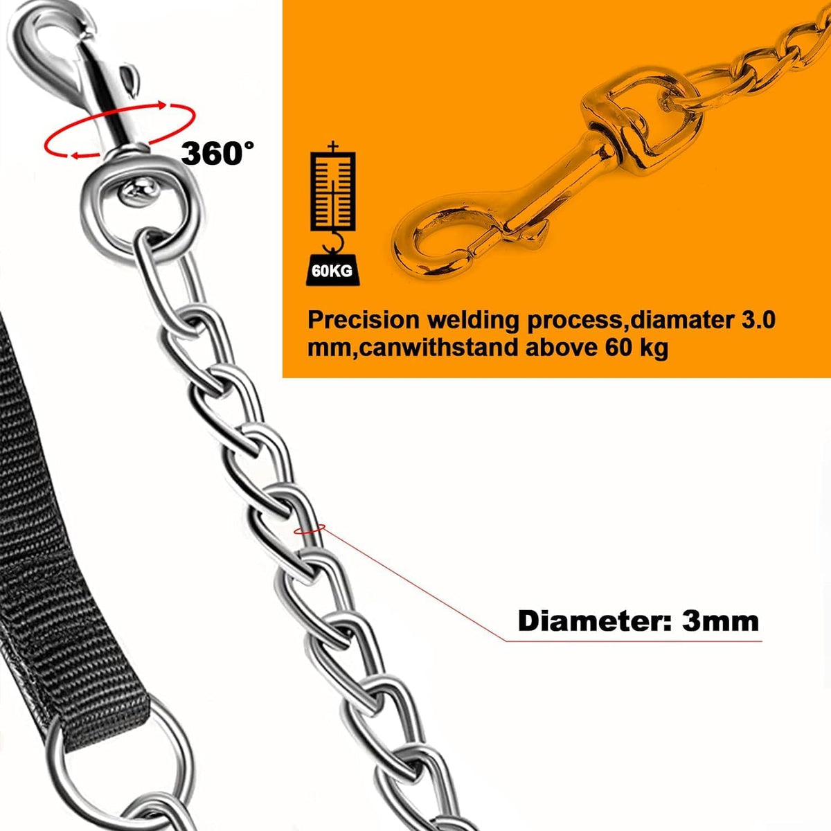 Heavy Duty Metal Dog Leash Chew Proof Pet Leash Chain With Soft Padded Handle For Large Medium Size Dogs - Rustic Threads Farm
