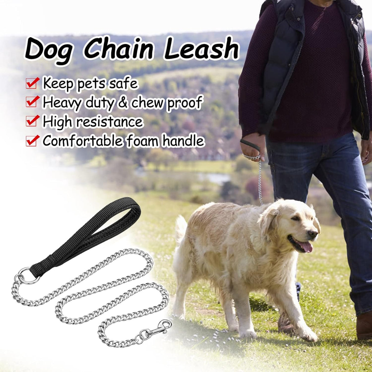 Heavy Duty Metal Dog Leash Chew Proof Pet Leash Chain With Soft Padded Handle For Large Medium Size Dogs - Rustic Threads Farm