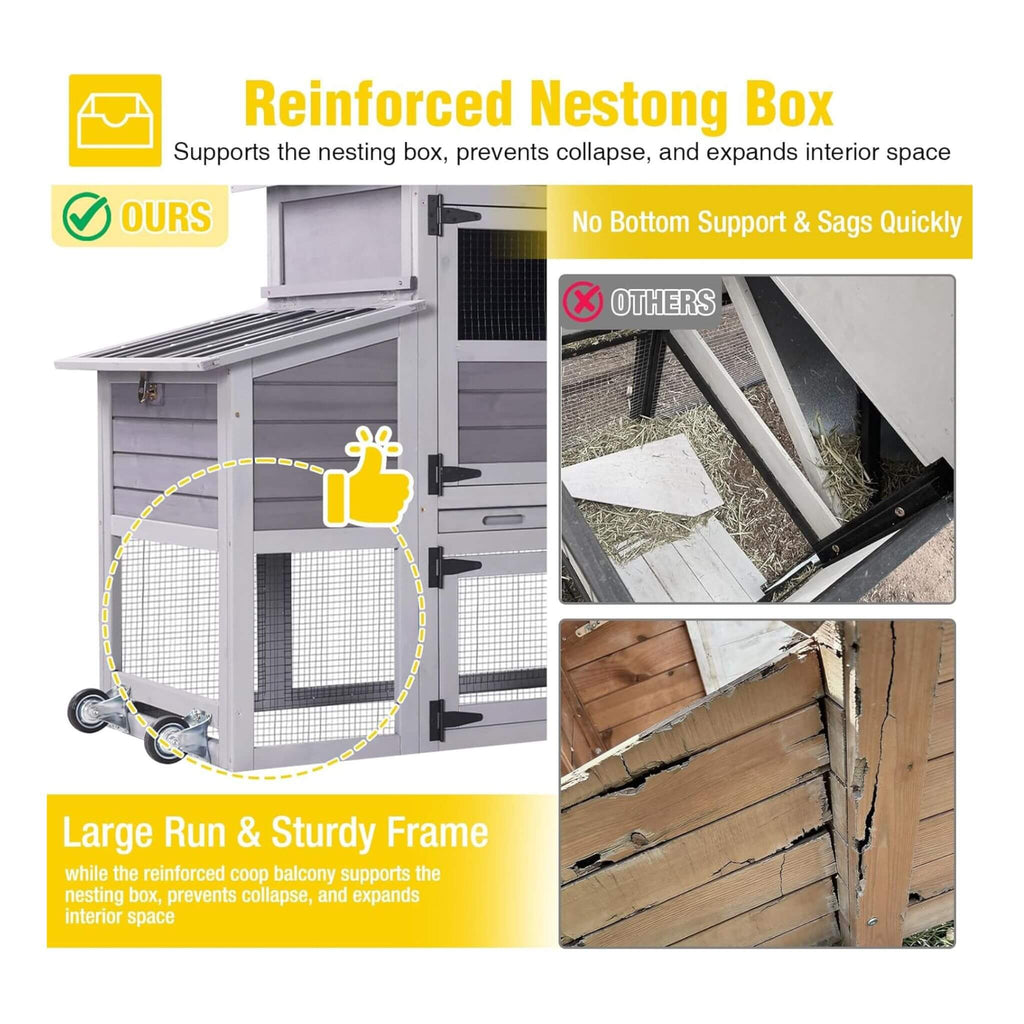 Large 83-Inch Mobile Chicken Coop With Wheels And Nesting Box [4-6 Chickens] (SAK81360) - Rustic Threads Farm