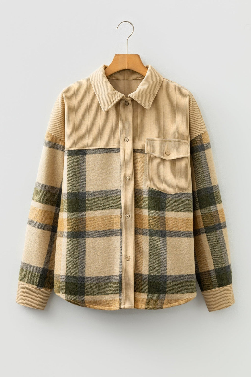 Plaid Corduroy Patchwork Chest Pocket Shacket - Rustic Threads Farm
