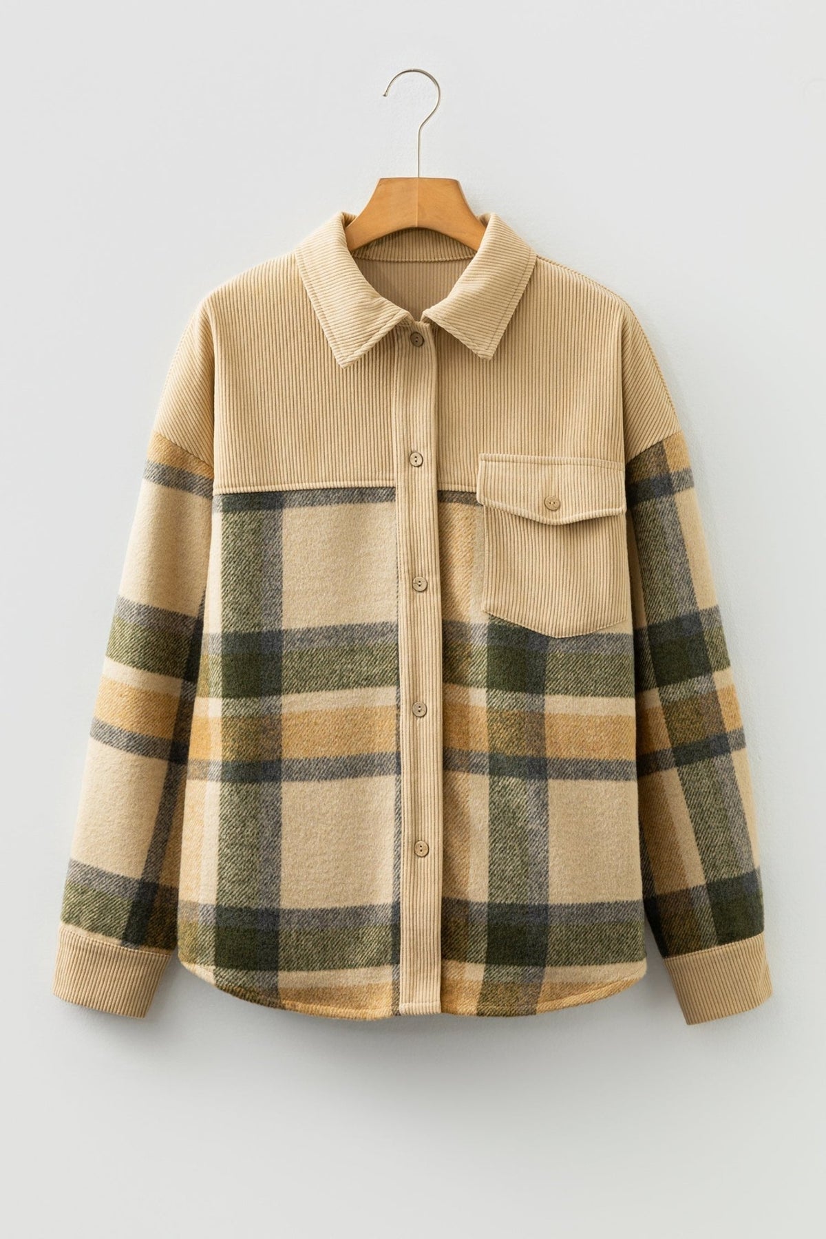 Plaid Corduroy Patchwork Chest Pocket Shacket - Rustic Threads Farm
