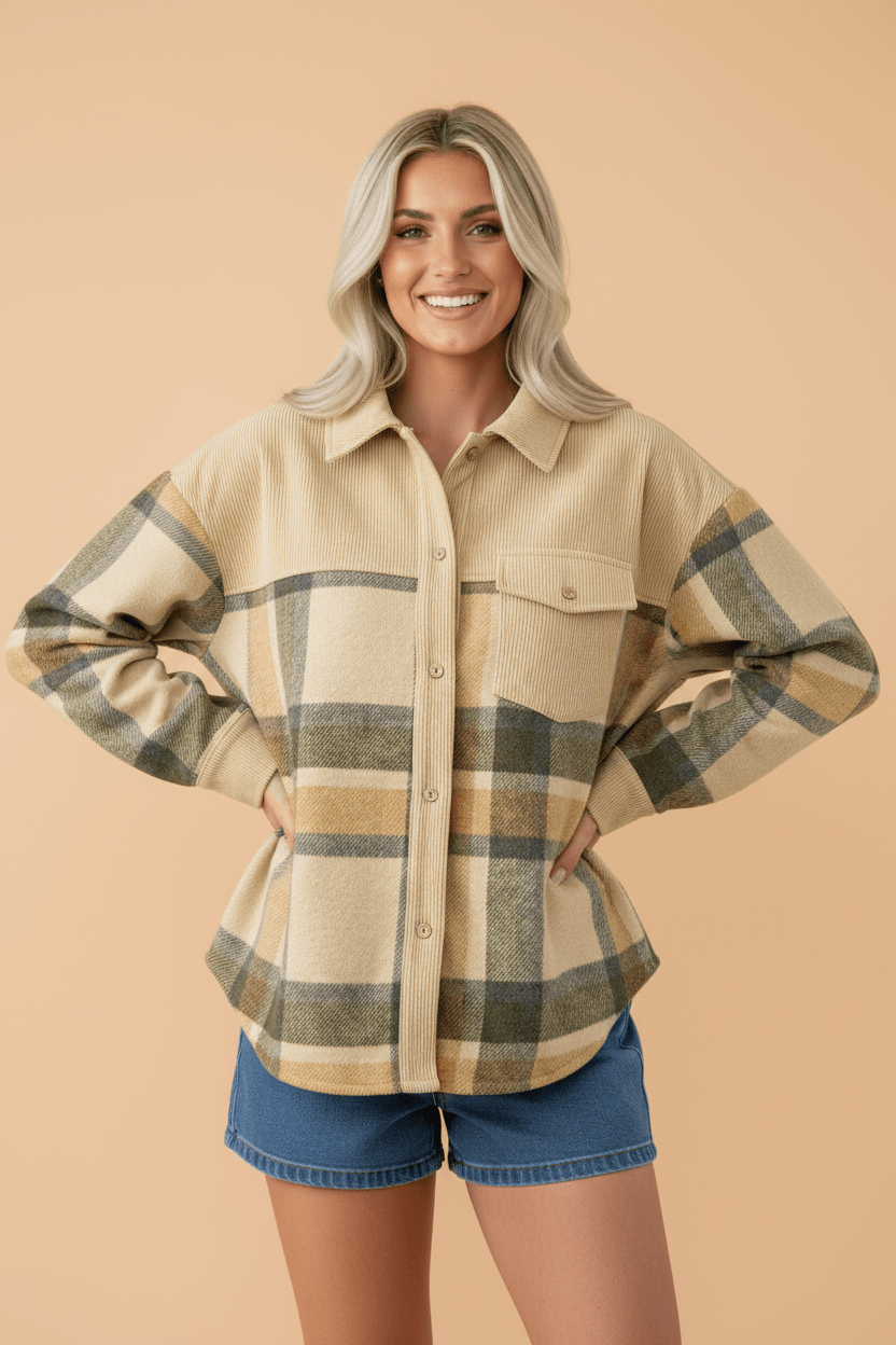 Plaid Corduroy Patchwork Chest Pocket Shacket - Rustic Threads Farm