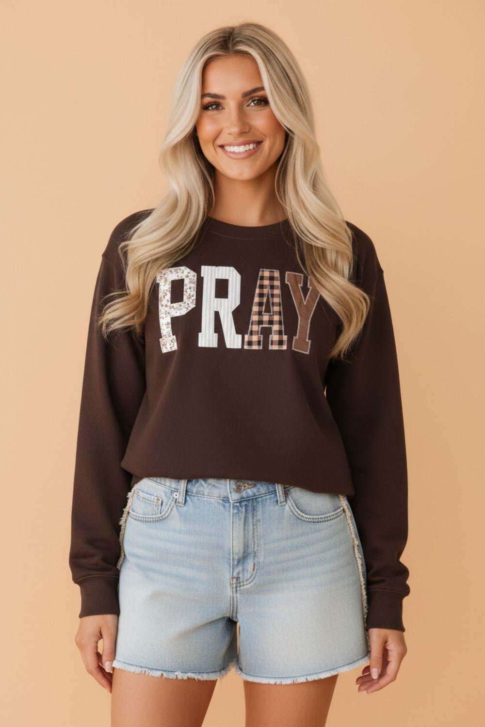 Pray Floral Stripe Gingham Embroidered Patch Sweatshirt - Rustic Threads Farm