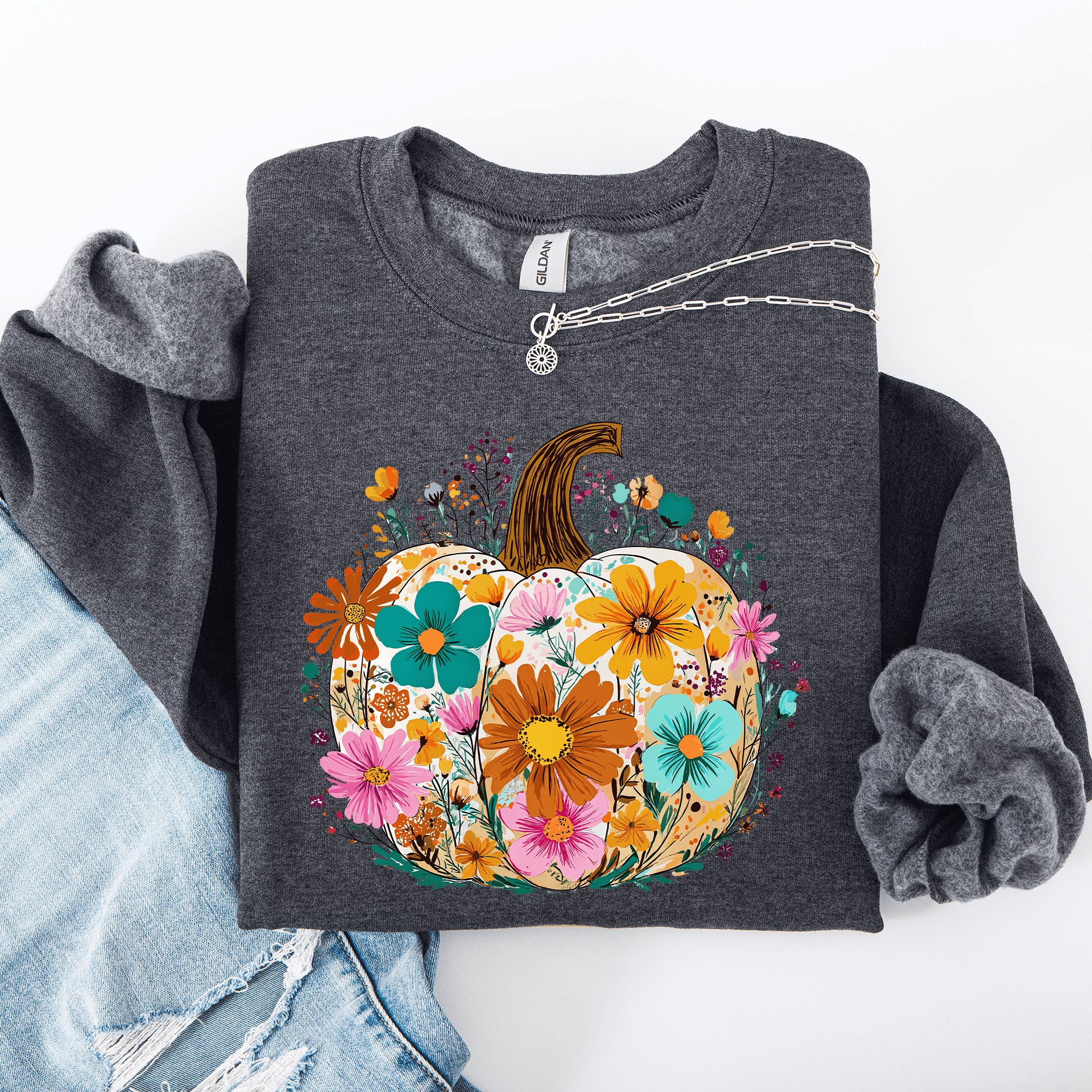 Pumpkin Floral Halloween Fall Autumn Harvest Sunflowers Seasonal Print Sweatshirt - Rustic Threads Farm