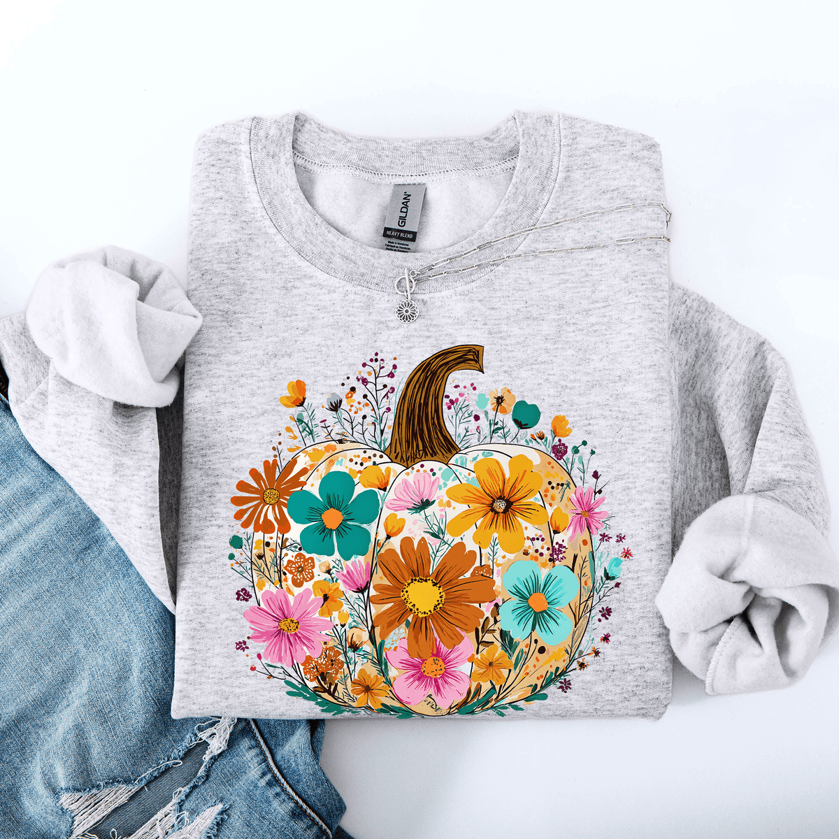 Pumpkin Floral Halloween Fall Autumn Harvest Sunflowers Seasonal Print Sweatshirt - Rustic Threads Farm