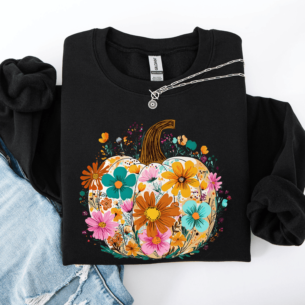 Pumpkin Floral Halloween Fall Autumn Harvest Sunflowers Seasonal Print Sweatshirt - Rustic Threads Farm