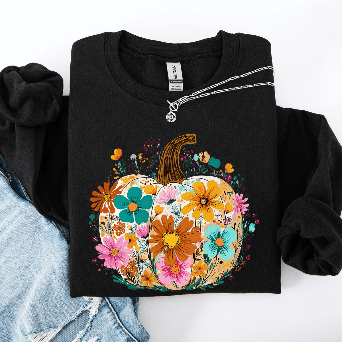 Pumpkin Floral Halloween Fall Autumn Harvest Sunflowers Seasonal Print Sweatshirt - Rustic Threads Farm