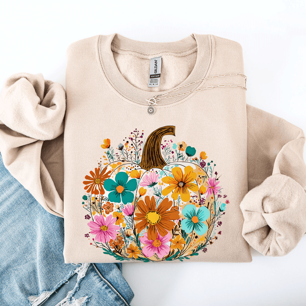 Pumpkin Floral Halloween Fall Autumn Harvest Sunflowers Seasonal Print Sweatshirt - Rustic Threads Farm