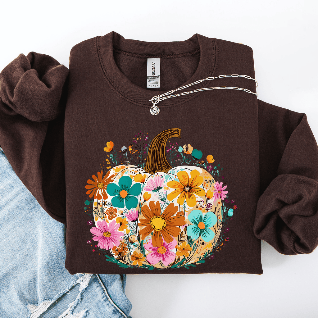 Pumpkin Floral Halloween Fall Autumn Harvest Sunflowers Seasonal Print Sweatshirt - Rustic Threads Farm