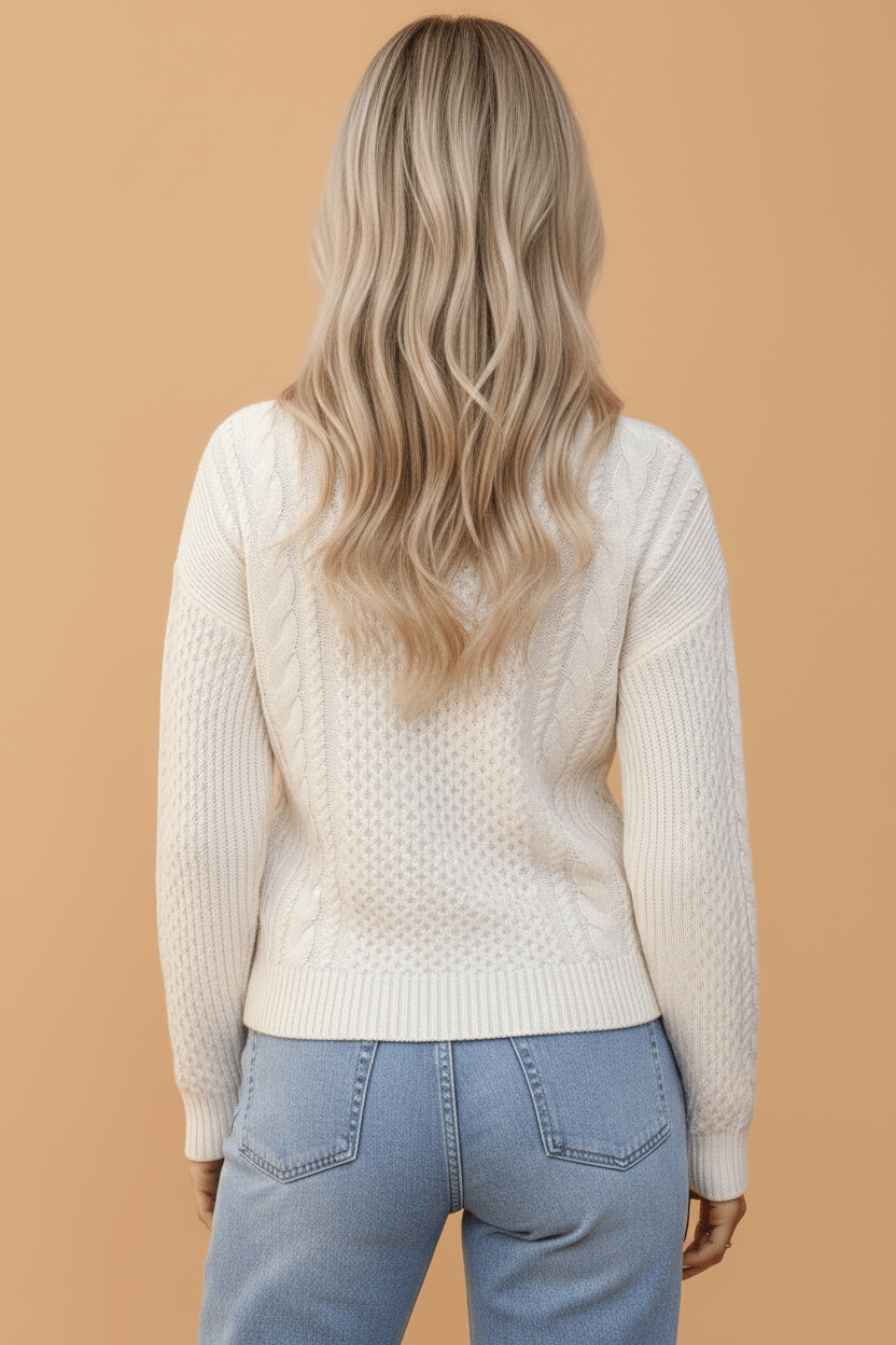 Solid Cable Knit Round Neck Long Sleeve Sweater - Rustic Threads Farm
