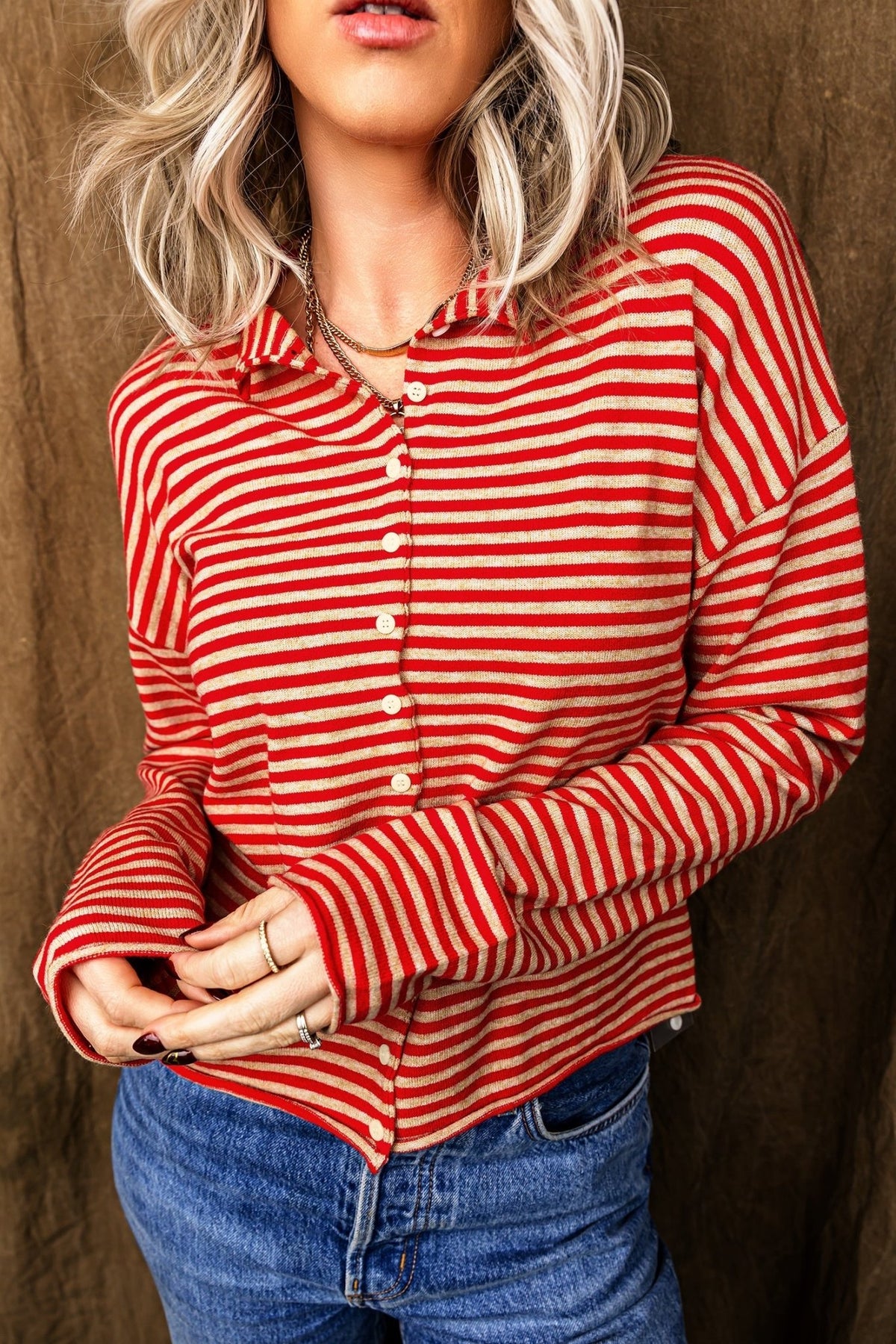 Stripe Button Collar Long Sleeve Knit Cardigan - Rustic Threads Farm