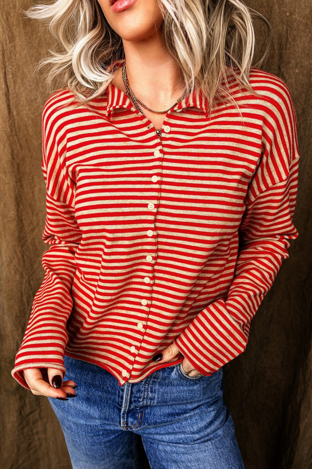 Stripe Button Collar Long Sleeve Knit Cardigan - Rustic Threads Farm
