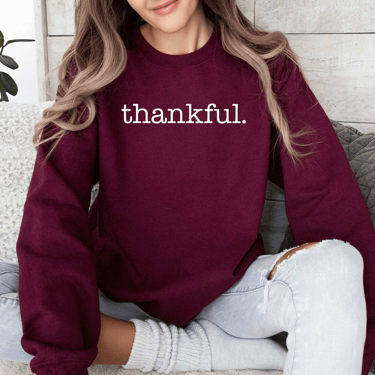 Thankful Minimalist Thanksgiving Autumn Fall Cozy Knit Cotton Premium Seasonal Warm Sweatshirt - Rustic Threads Farm