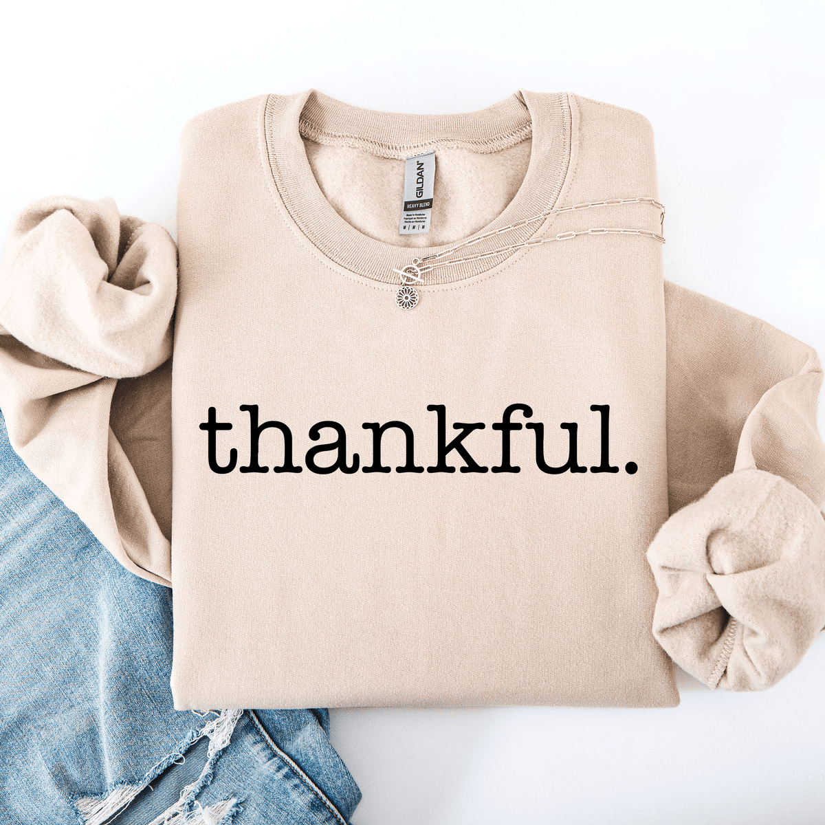 Thankful Minimalist Thanksgiving Autumn Fall Cozy Knit Cotton Premium Seasonal Warm Sweatshirt - Rustic Threads Farm