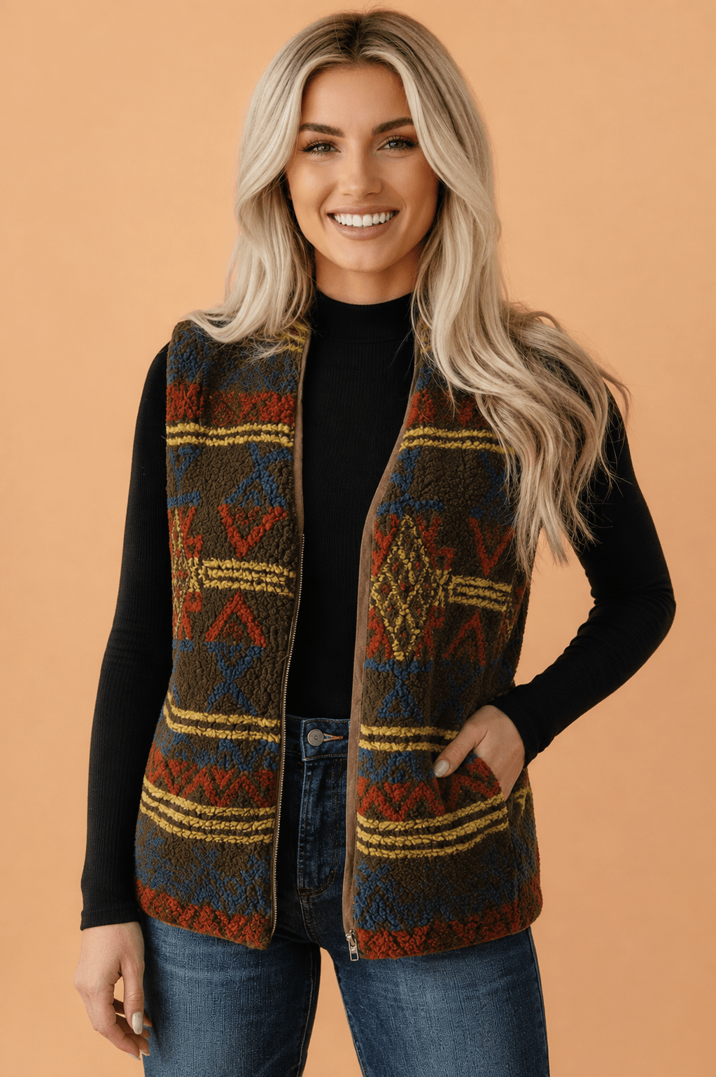 Western Fleece Pocketed Zip Up Sleeveless Vest - Rustic Threads Farm
