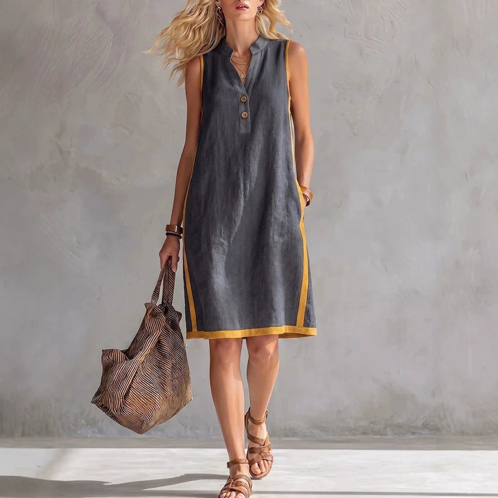 Women's Sleeveless V-Neck Button-Front Pocketed A-Line Midi Dress - Rustic Threads Farm